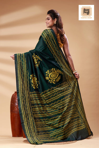 Dark Green Color Bangalore Silk Yellow color Thread Work Kantha Stitch Saree