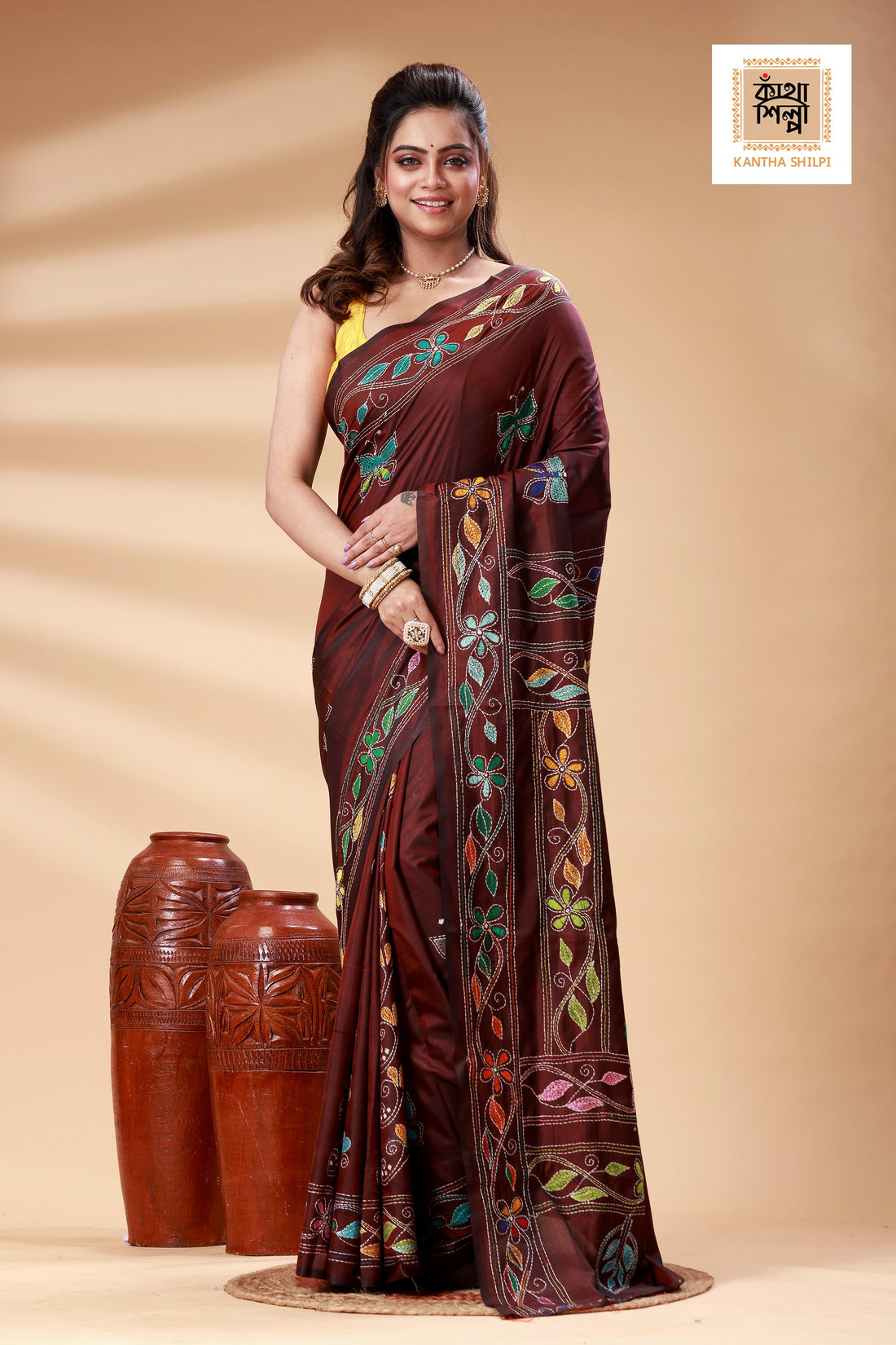 Maroon Color Bangalore Silk Multicolor Thread Work Kantha Stitch Saree