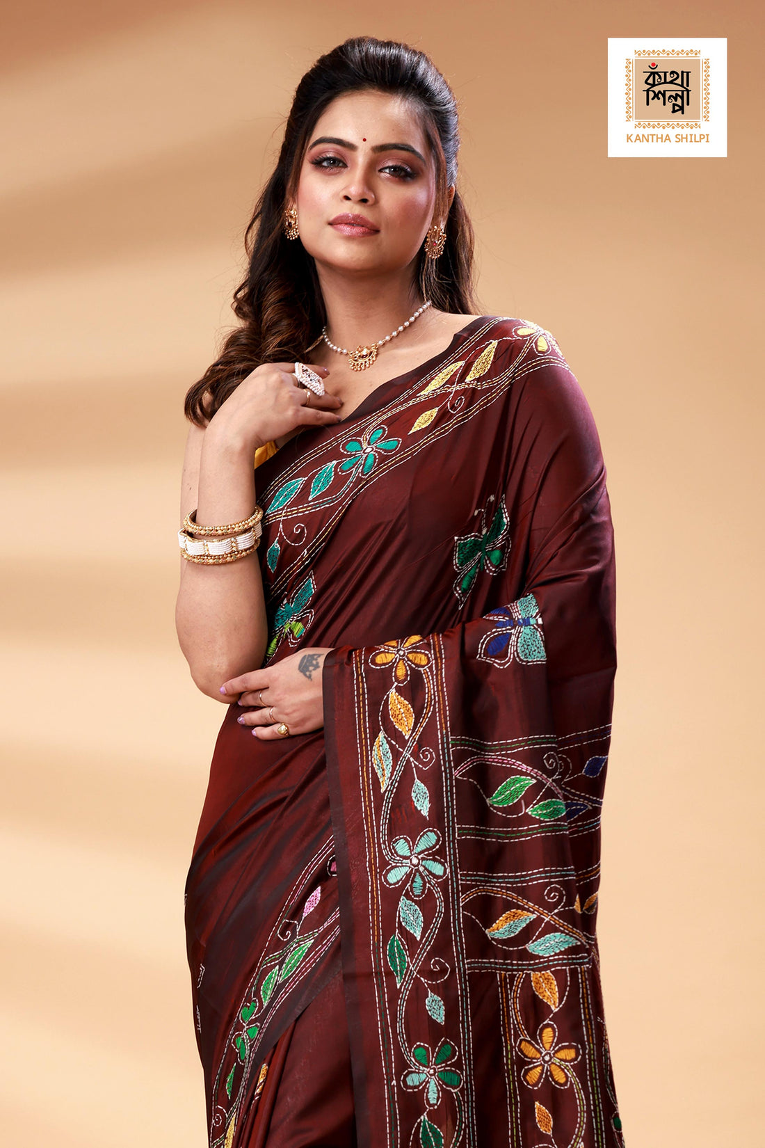 Maroon Color Bangalore Silk Multicolor Thread Work Kantha Stitch Saree