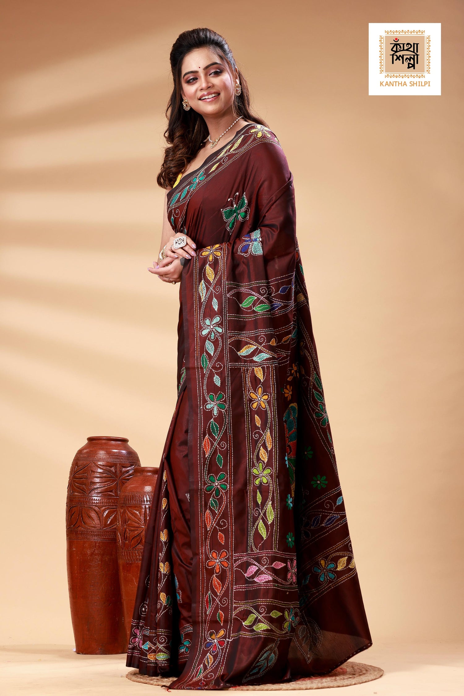 Maroon Color Bangalore Silk Multicolor Thread Work Kantha Stitch Saree