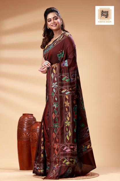 Maroon Color Bangalore Silk Multicolor Thread Work Kantha Stitch Saree
