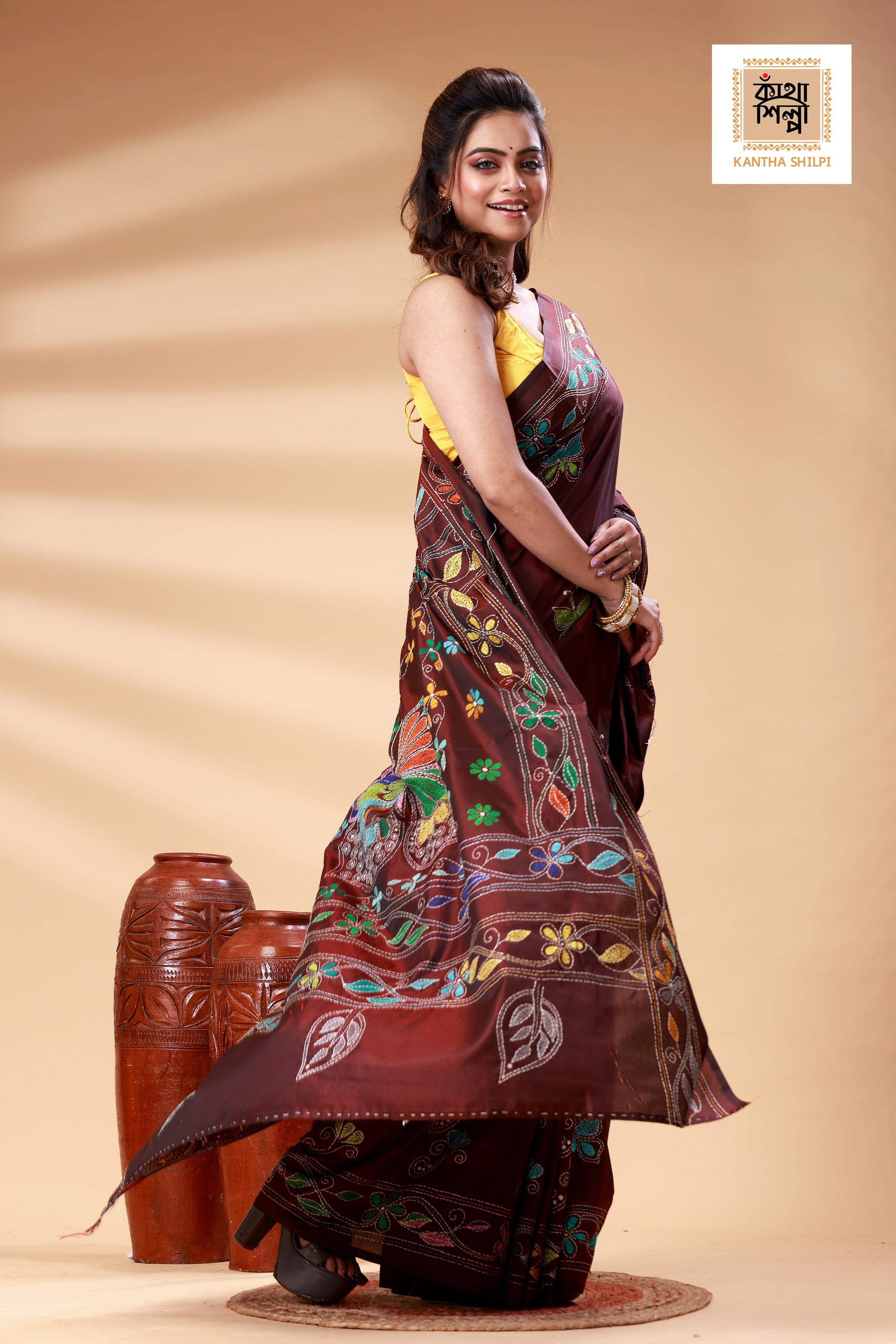 Maroon Color Bangalore Silk Multicolor Thread Work Kantha Stitch Saree