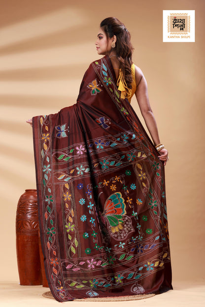Maroon Color Bangalore Silk Multicolor Thread Work Kantha Stitch Saree
