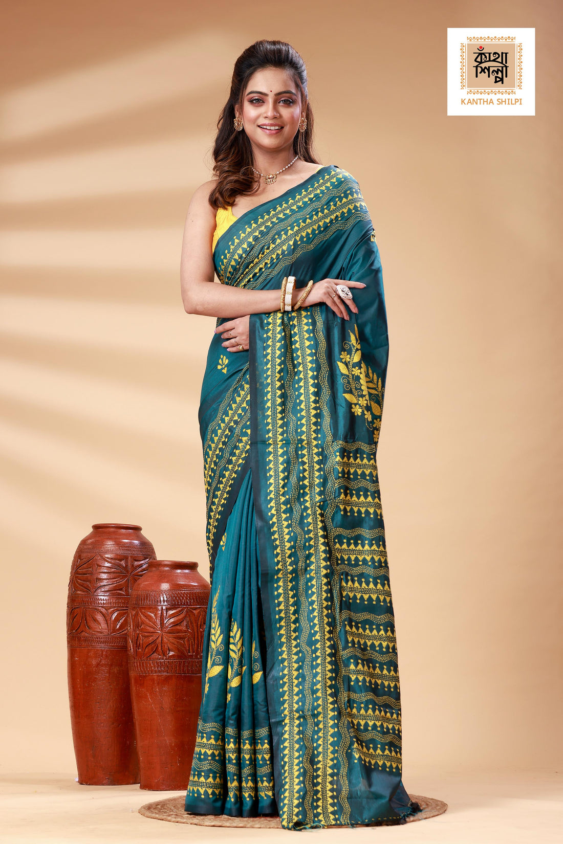 Sea Green Color Bangalore Silk Yellow color Thread Work Kantha Stitch Saree