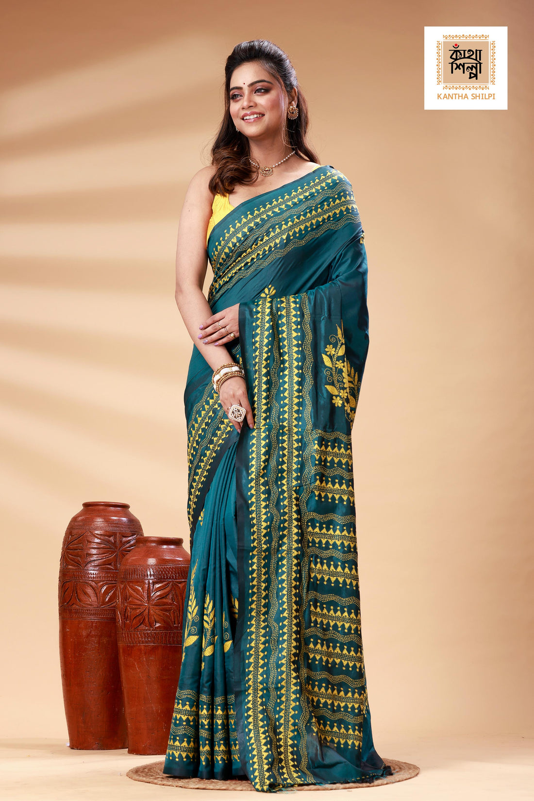 Sea Green Color Bangalore Silk Yellow color Thread Work Kantha Stitch Saree
