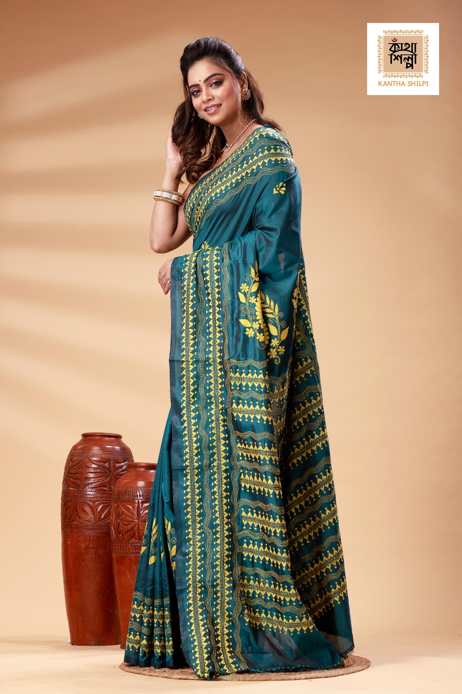 Sea Green Color Bangalore Silk Yellow color Thread Work Kantha Stitch Saree