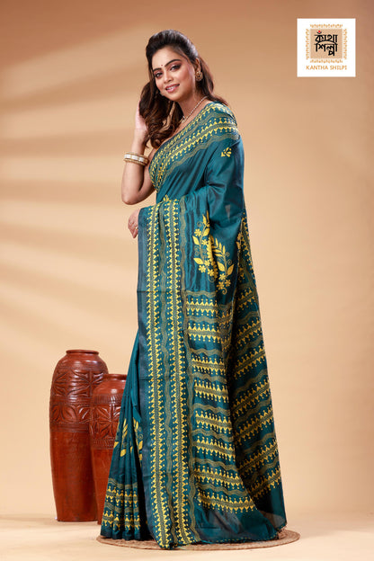 Sea Green Color Bangalore Silk Yellow color Thread Work Kantha Stitch Saree
