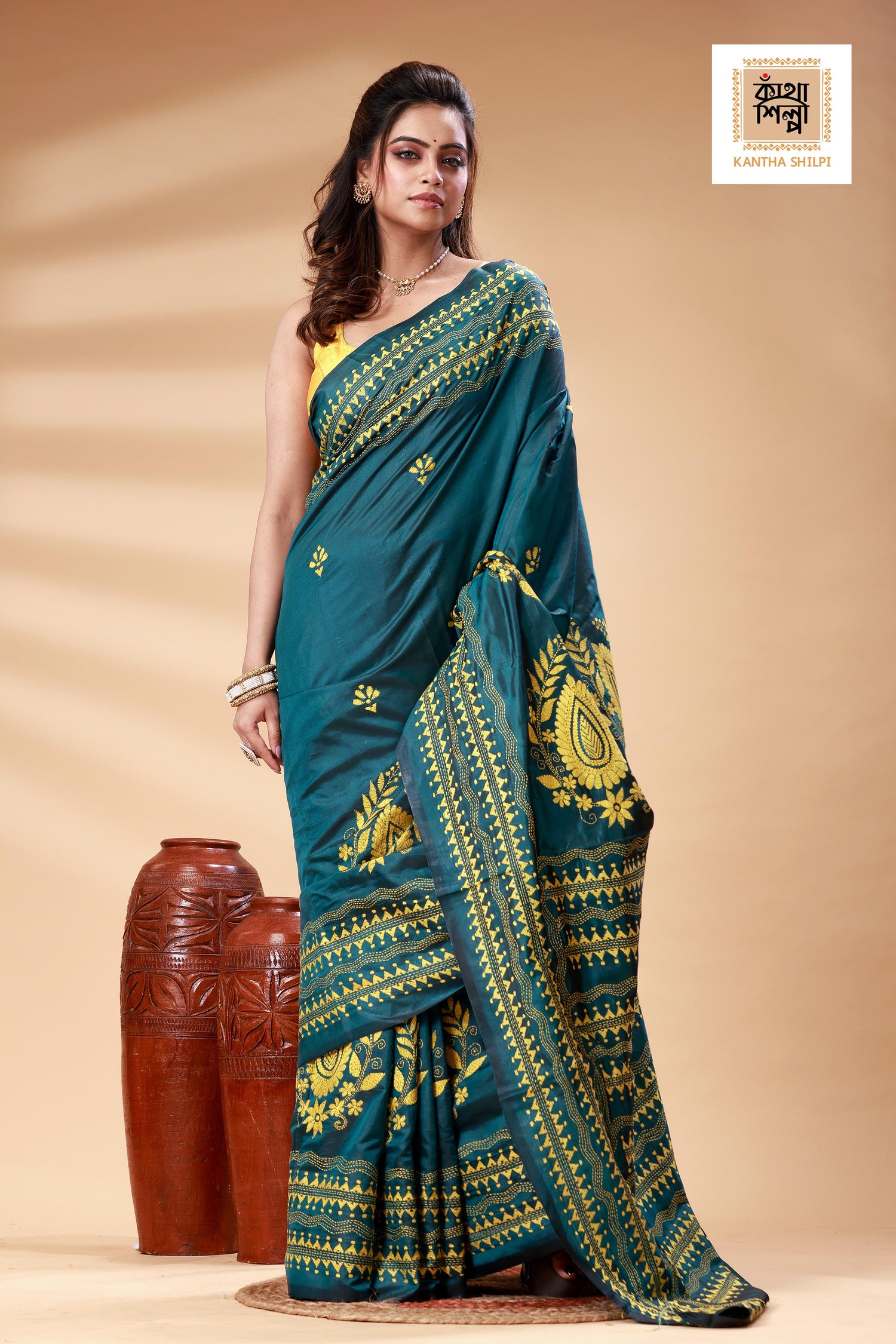 Sea Green Color Bangalore Silk Yellow color Thread Work Kantha Stitch Saree