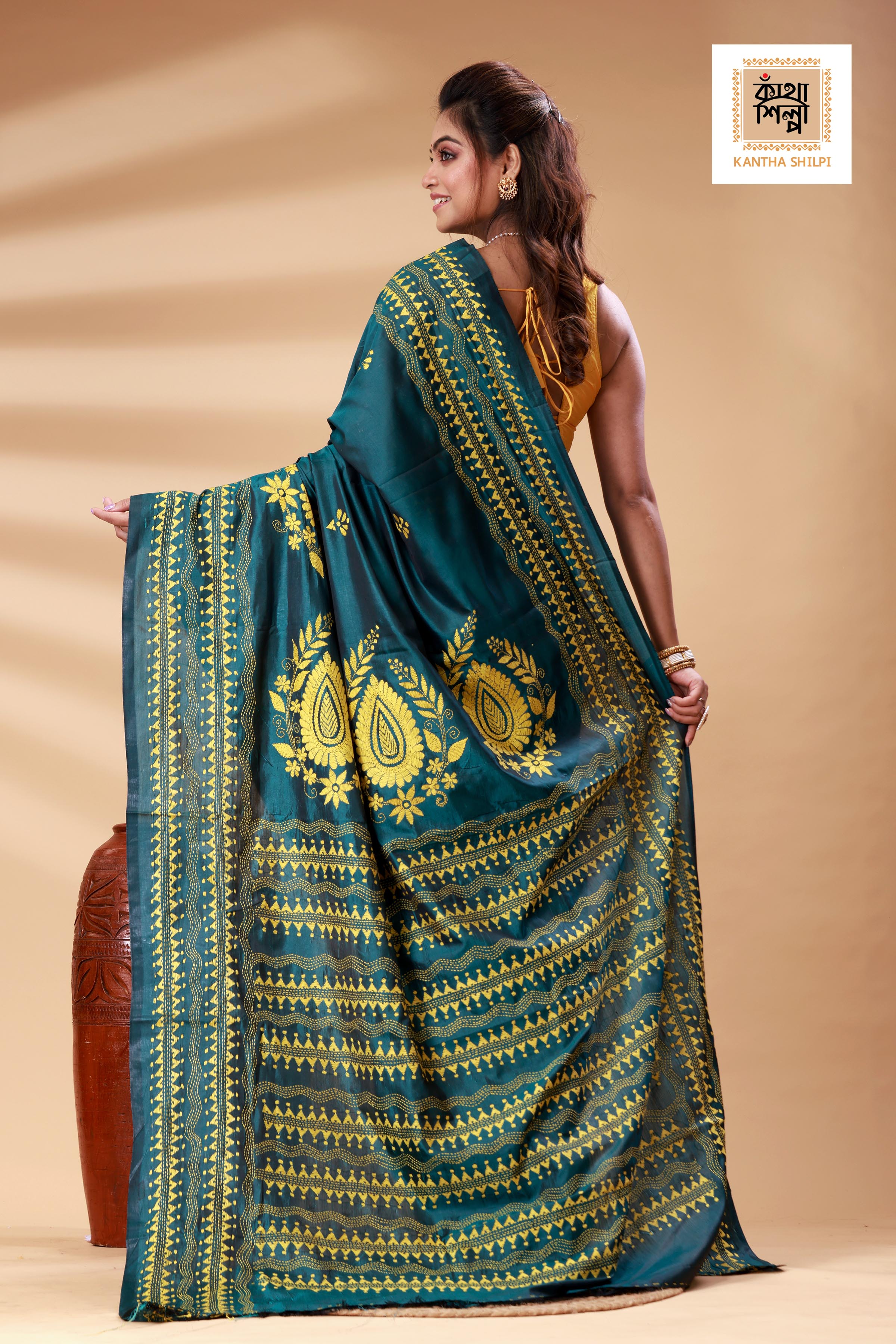 Sea Green Color Bangalore Silk Yellow color Thread Work Kantha Stitch Saree