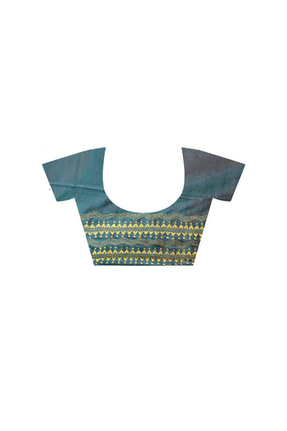 Sea Green Color Bangalore Silk Yellow color Thread Work Kantha Stitch Saree