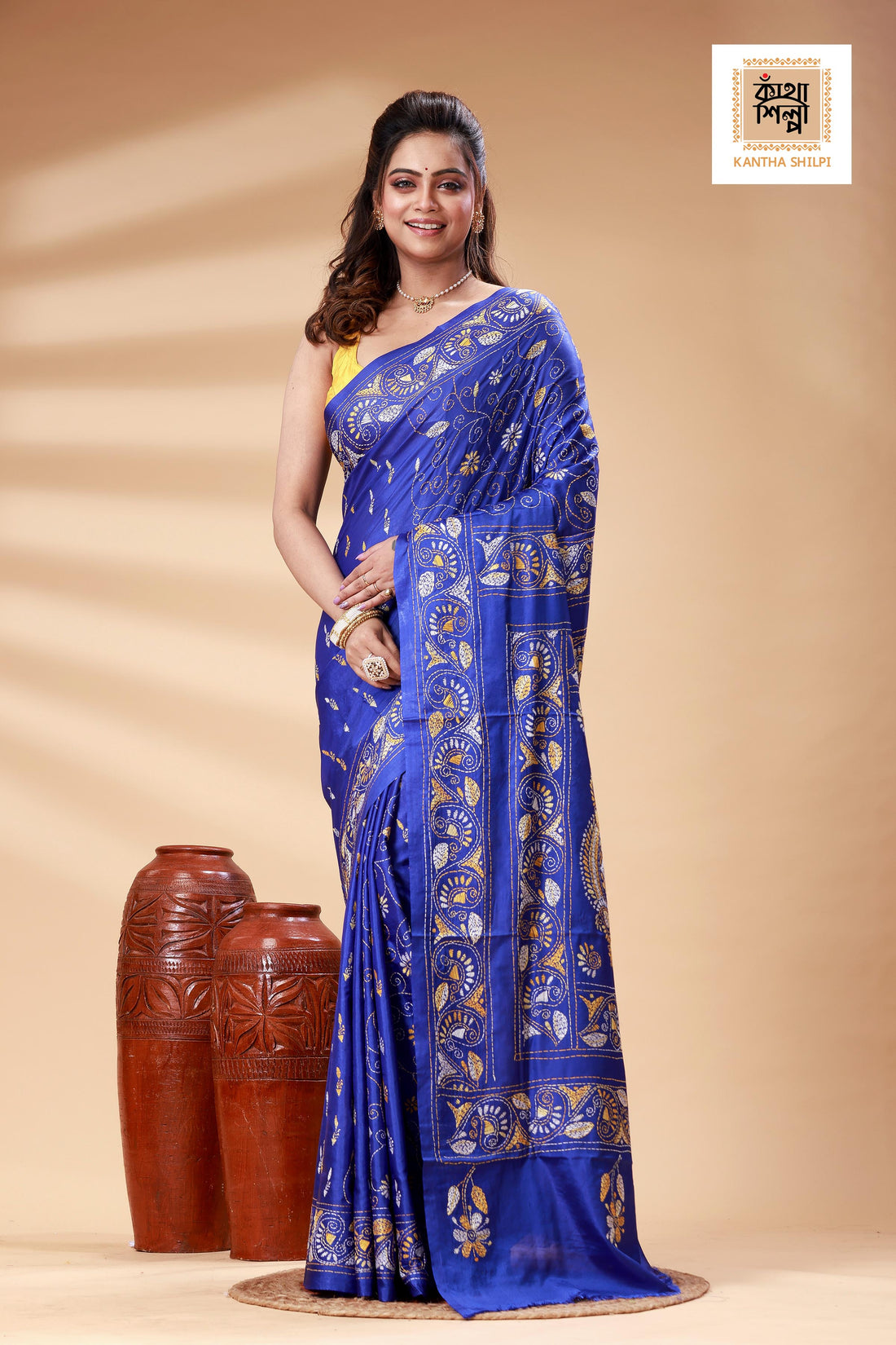 Blue Color Bangalore Silk Yellow-White color Thread Work Kantha Stitch Saree