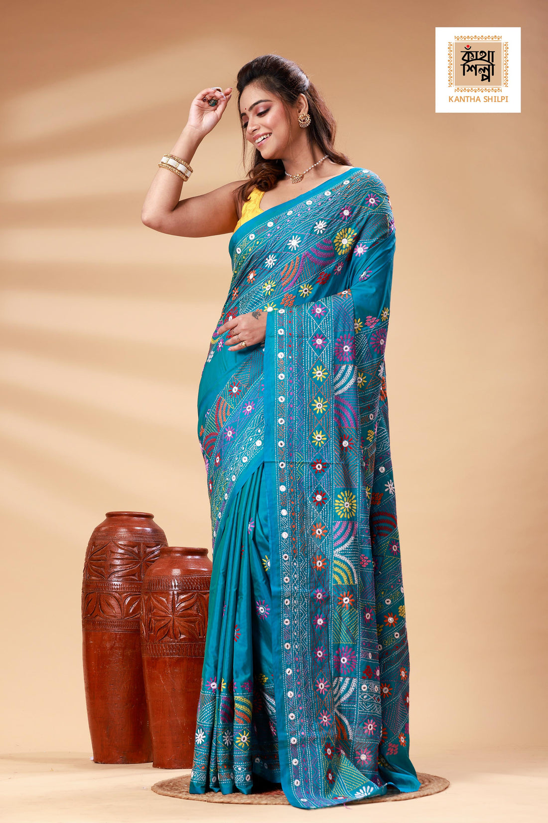 Sea Green Color Bangalore Silk Multicolor Thread Work Lambani Stitch Saree