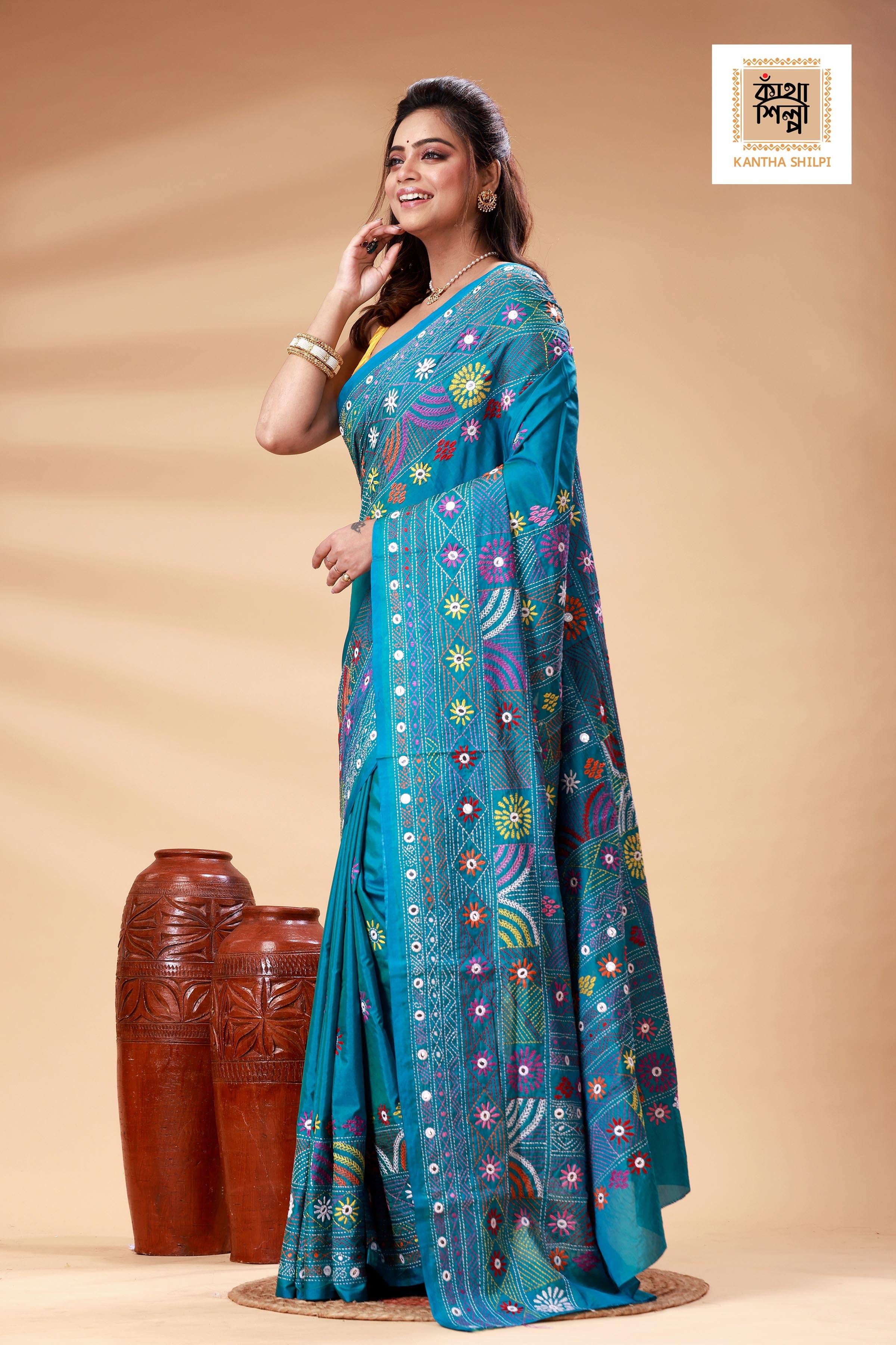 Sea Green Color Bangalore Silk Multicolor Thread Work Lambani Stitch Saree