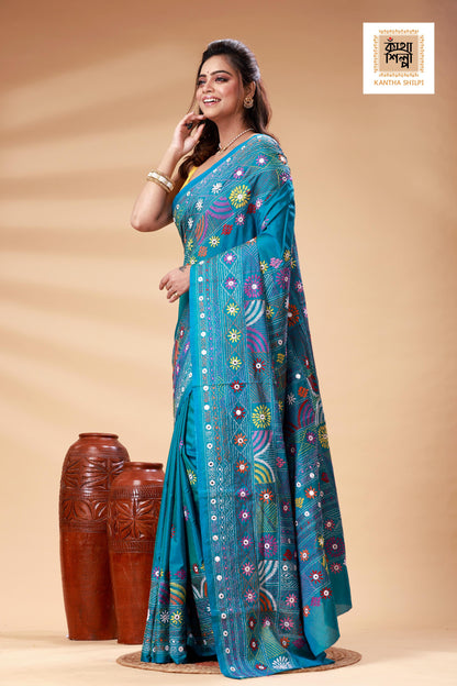 Sea Green Color Bangalore Silk Multicolor Thread Work Lambani Stitch Saree