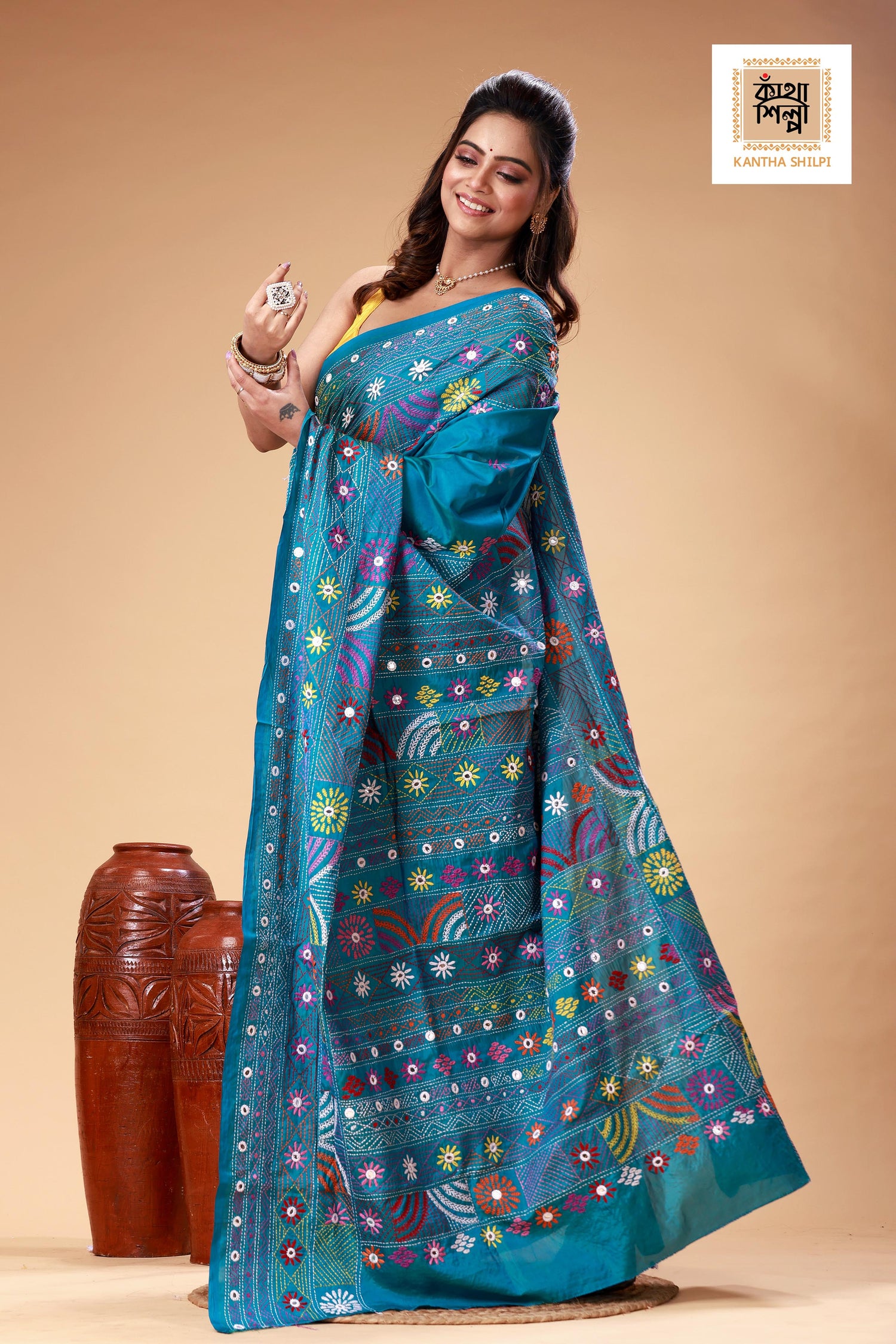 Sea Green Color Bangalore Silk Multicolor Thread Work Lambani Stitch Saree