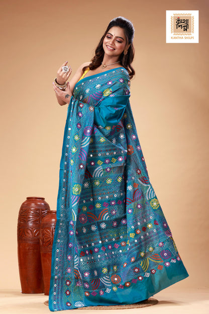 Sea Green Color Bangalore Silk Multicolor Thread Work Lambani Stitch Saree
