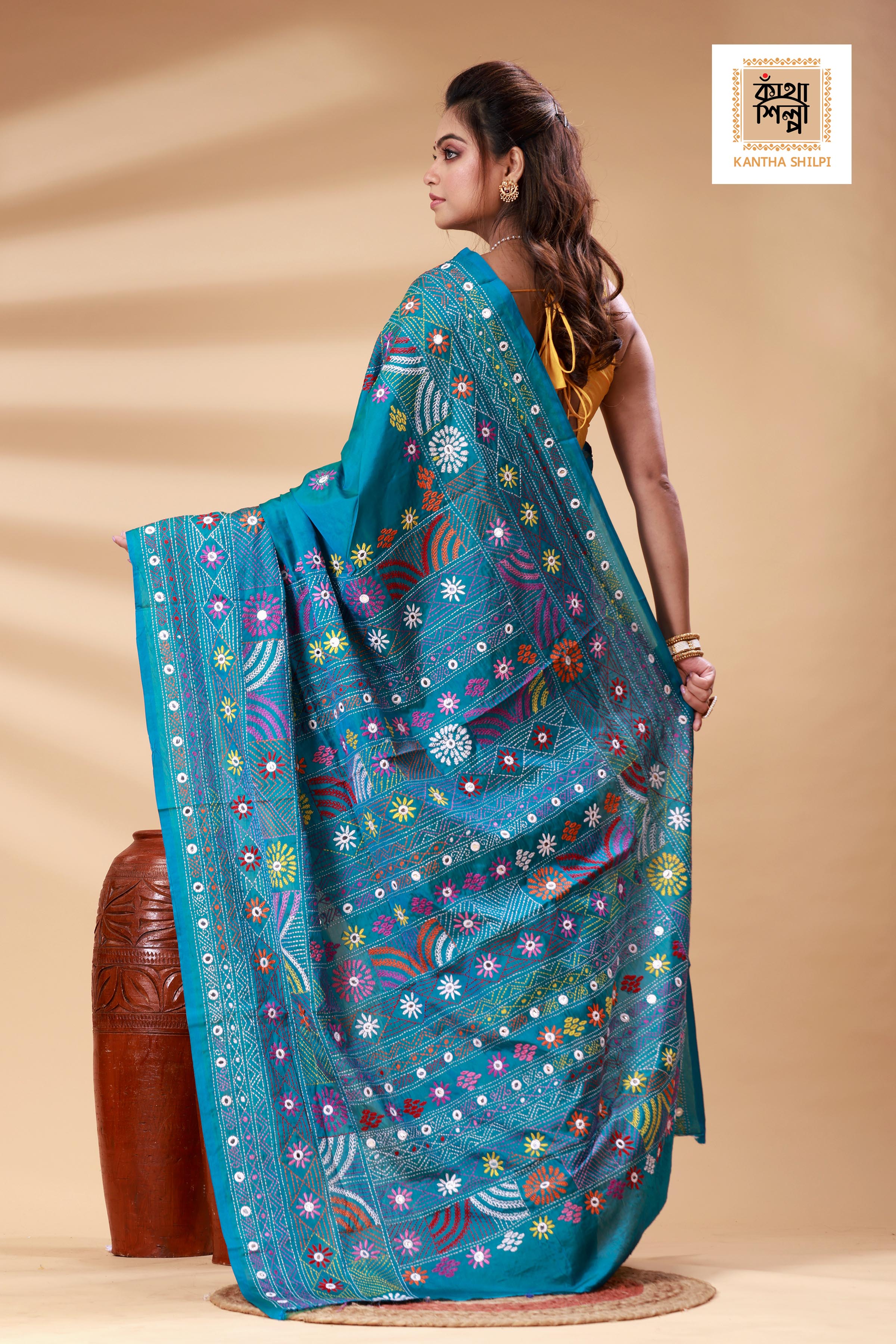 Sea Green Color Bangalore Silk Multicolor Thread Work Lambani Stitch Saree