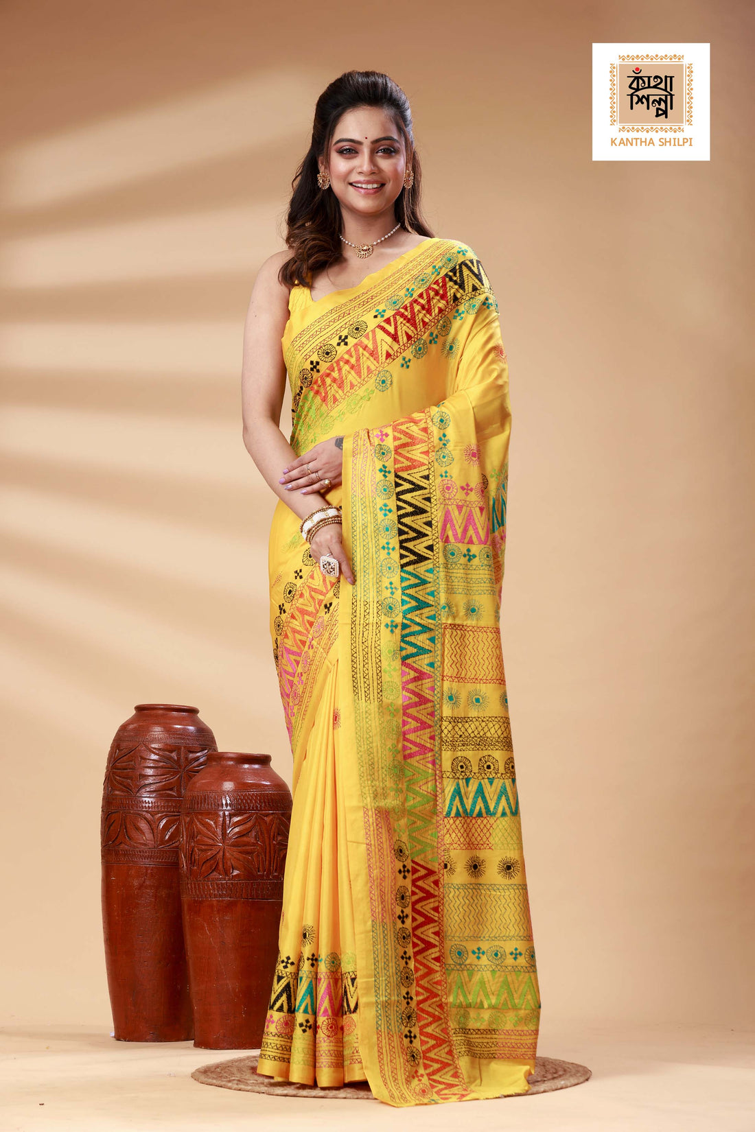 Yellow Color Bangalore Silk Multicolor Thread Work Lambani Stitch Saree