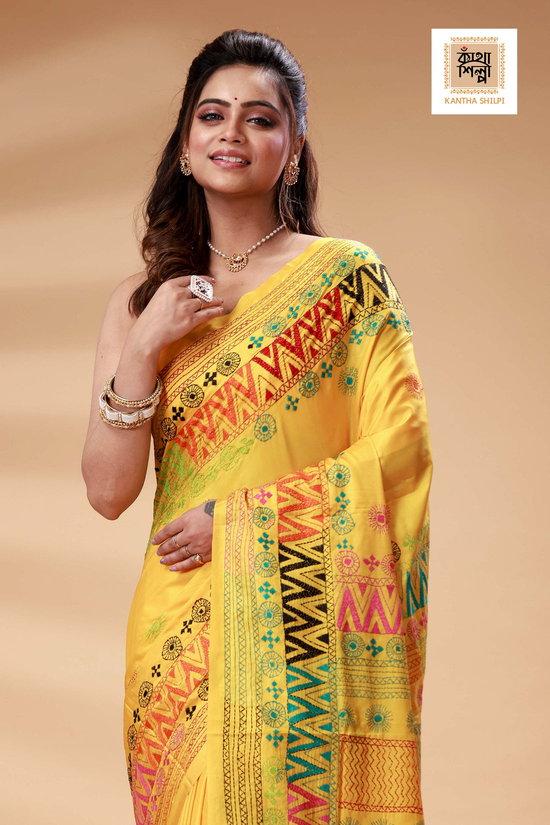 Yellow Color Bangalore Silk Multicolor Thread Work Lambani Stitch Saree
