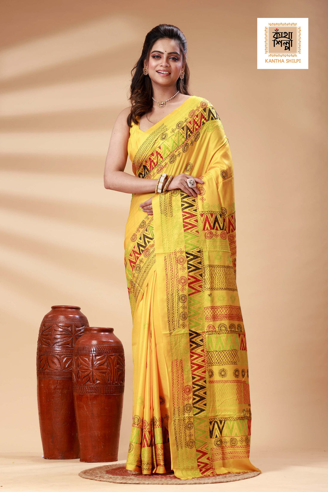 Yellow Color Bangalore Silk Multicolor Thread Work Lambani Stitch Saree