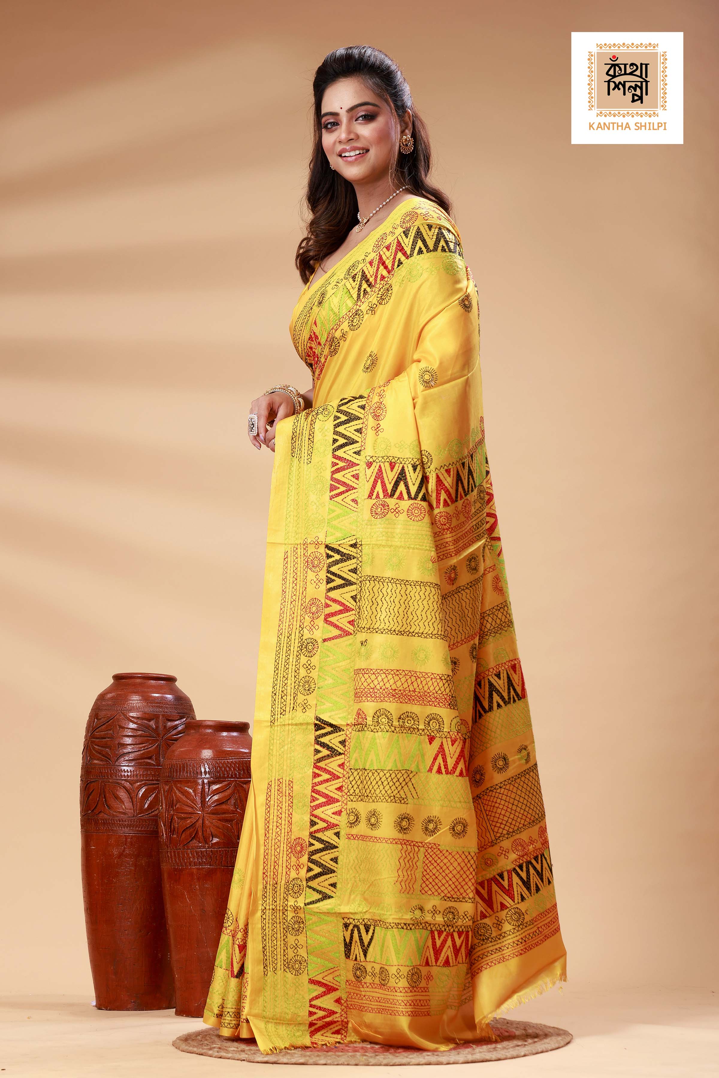 Yellow Color Bangalore Silk Multicolor Thread Work Lambani Stitch Saree