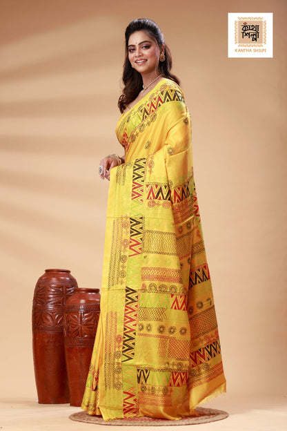 Yellow Color Bangalore Silk Multicolor Thread Work Lambani Stitch Saree