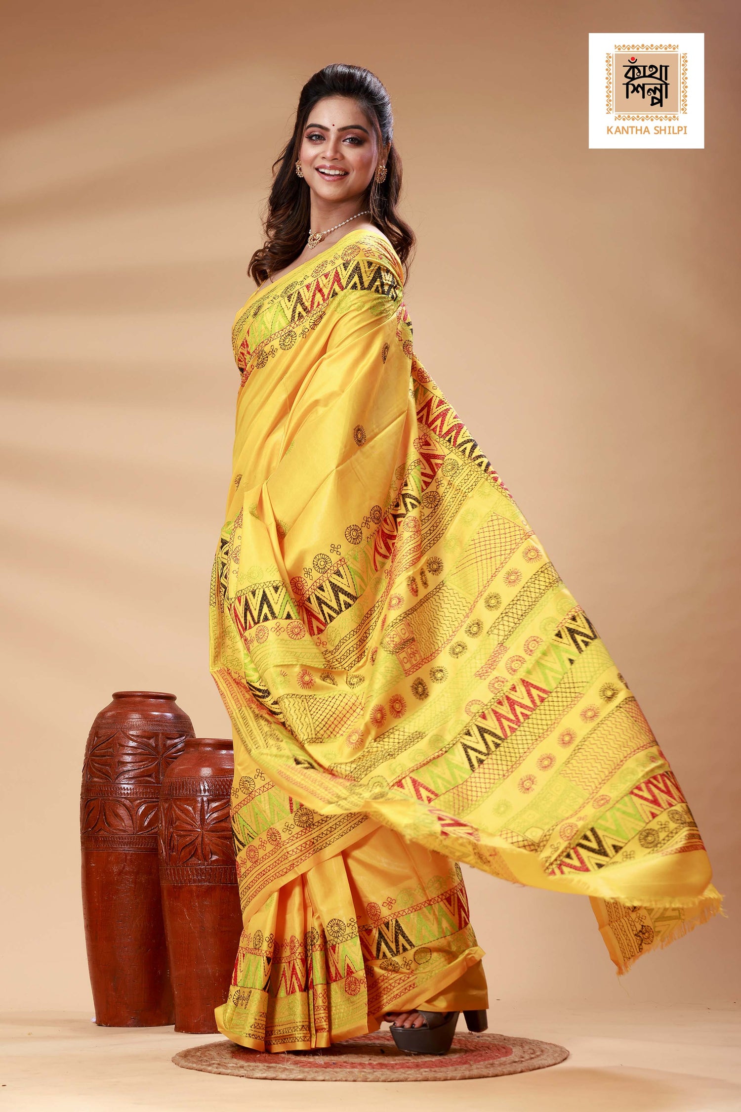 Yellow Color Bangalore Silk Multicolor Thread Work Lambani Stitch Saree