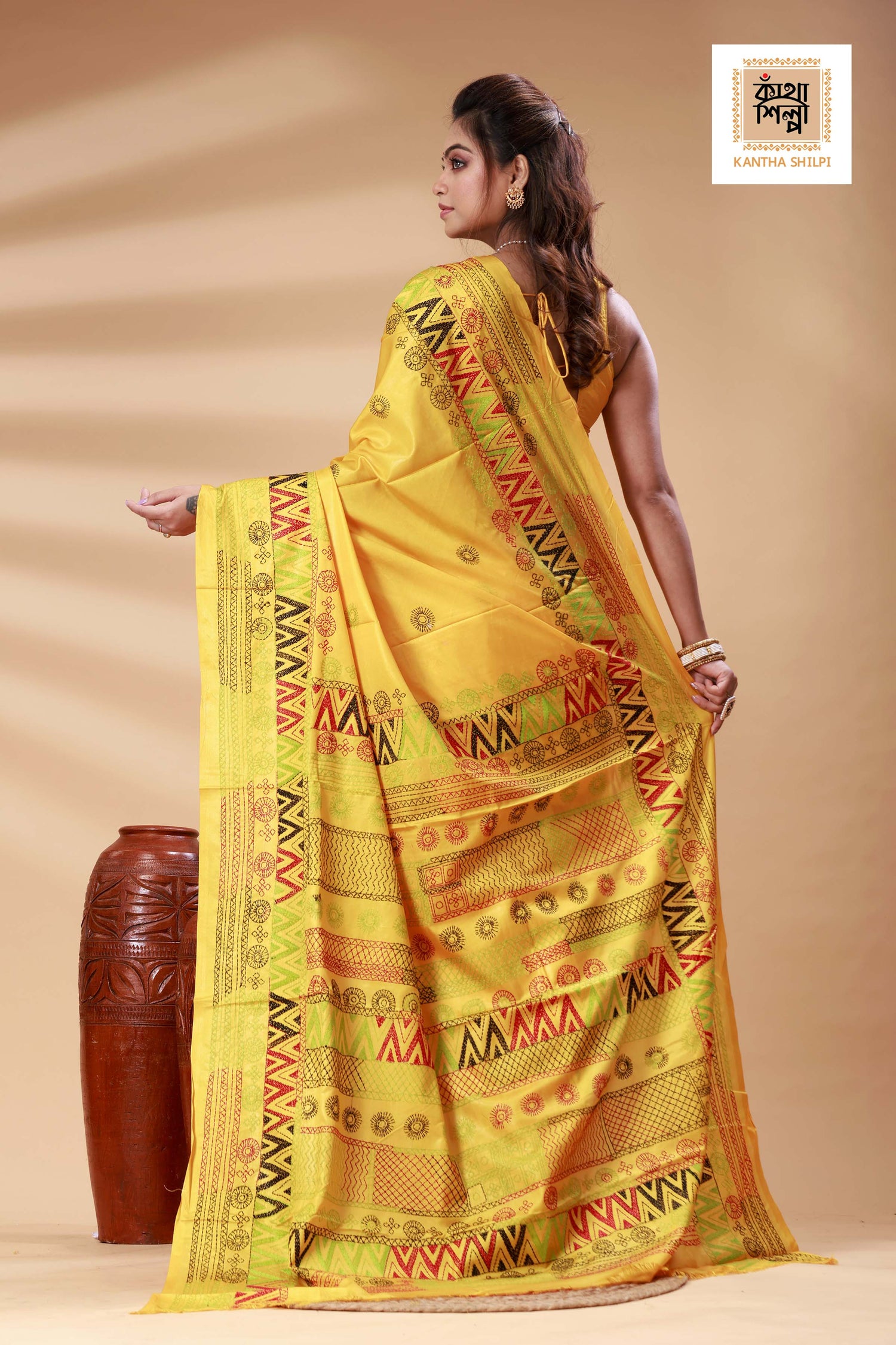 Yellow Color Bangalore Silk Multicolor Thread Work Lambani Stitch Saree