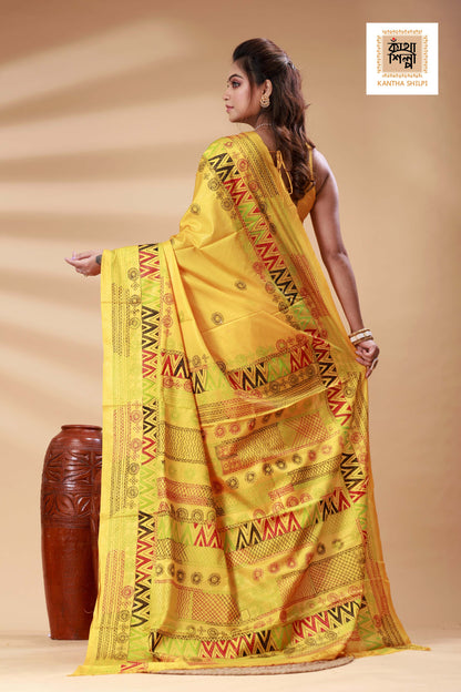 Yellow Color Bangalore Silk Multicolor Thread Work Lambani Stitch Saree