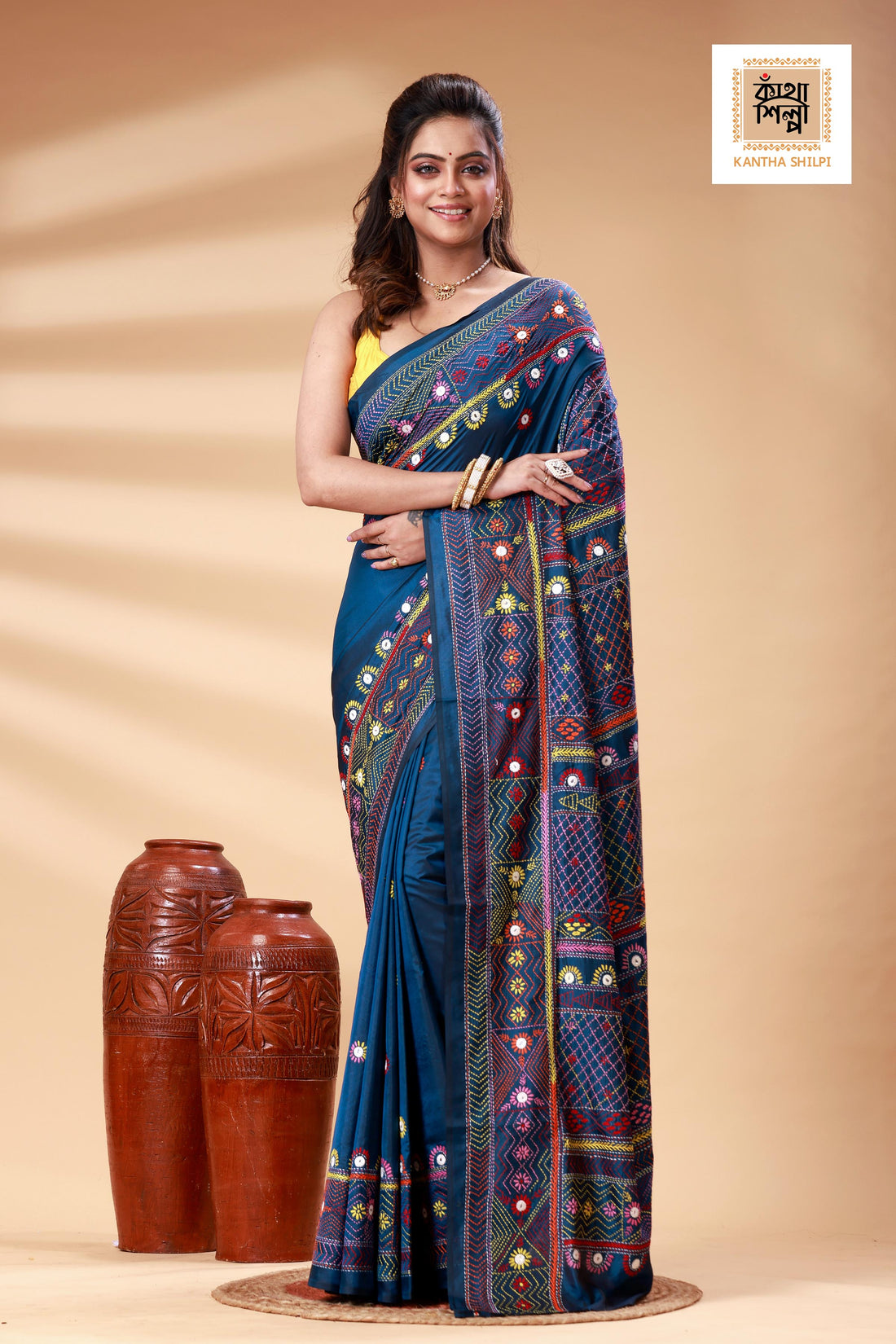 Indigo Color Bangalore Silk Multicolor Thread Work Lambani Stitch Saree