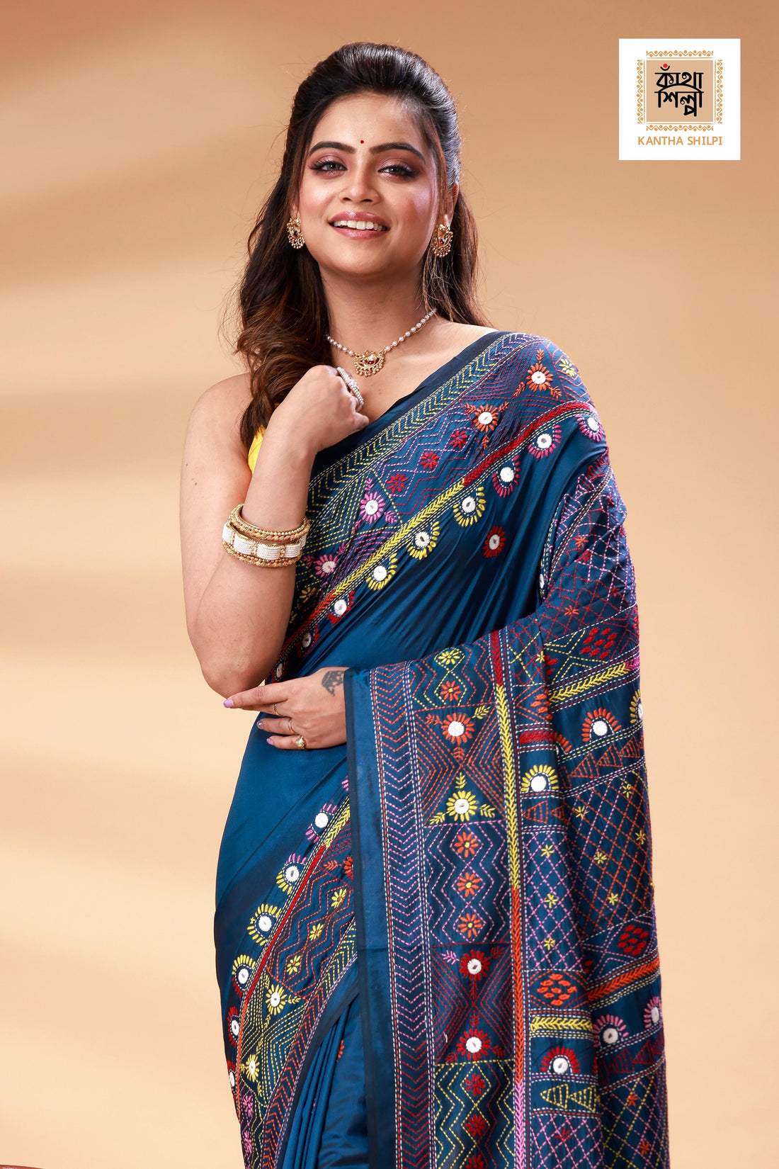 Indigo Color Bangalore Silk Multicolor Thread Work Lambani Stitch Saree