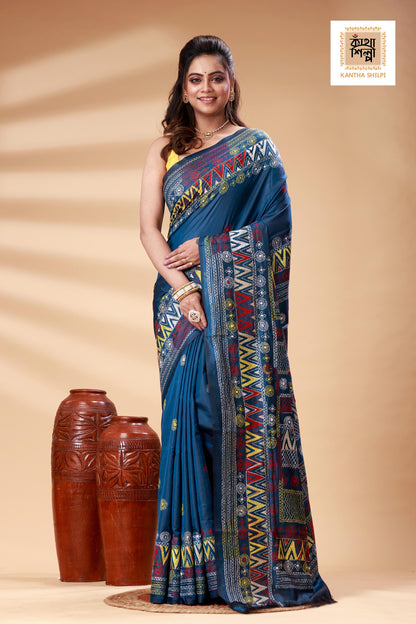 Indigo Color Bangalore Silk Multicolor Thread Work Lambani Stitch Saree
