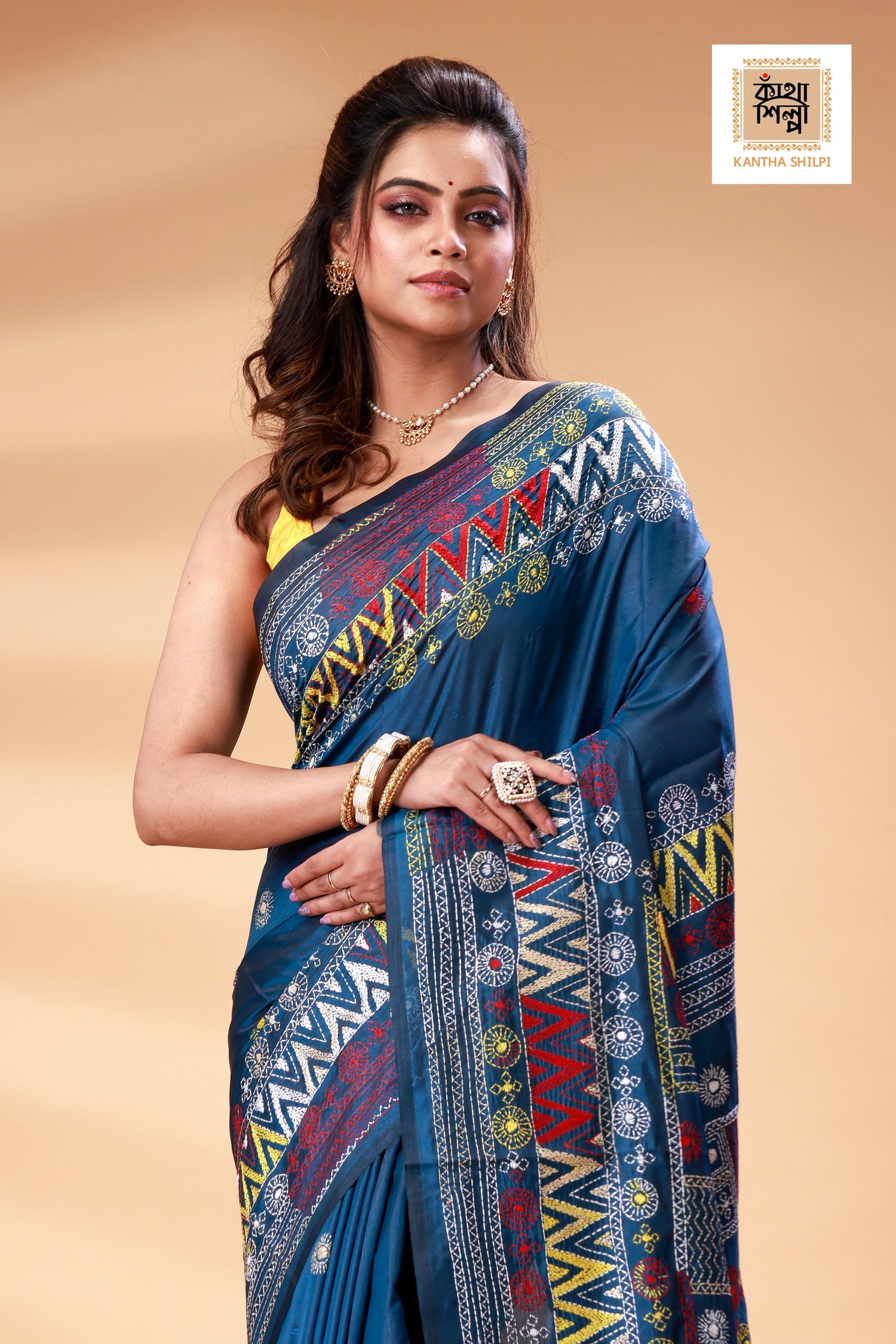 Indigo Color Bangalore Silk Multicolor Thread Work Lambani Stitch Saree