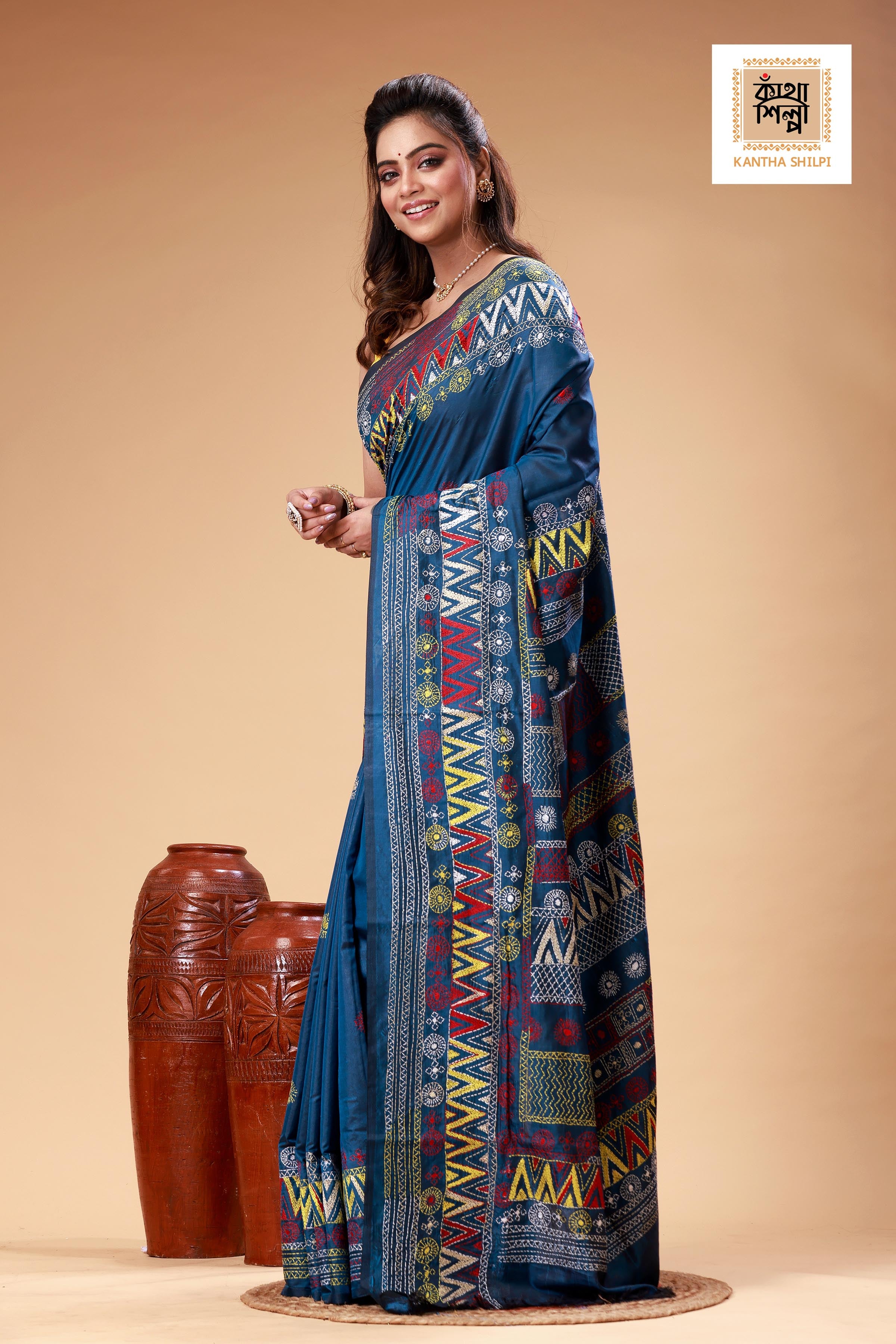 Indigo Color Bangalore Silk Multicolor Thread Work Lambani Stitch Saree