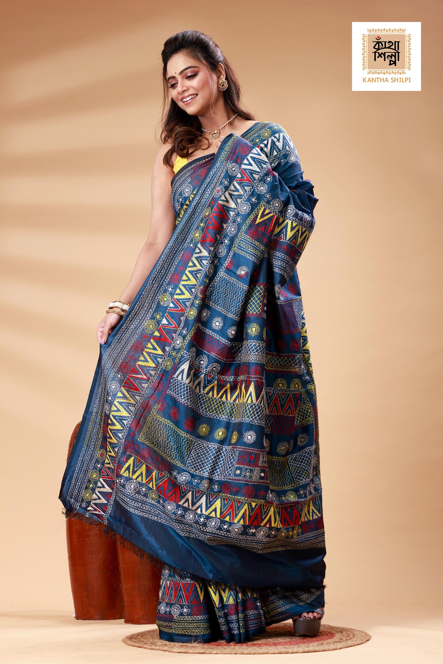Indigo Color Bangalore Silk Multicolor Thread Work Lambani Stitch Saree