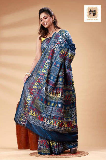 Indigo Color Bangalore Silk Multicolor Thread Work Lambani Stitch Saree