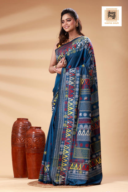 Indigo Color Bangalore Silk Multicolor Thread Work Lambani Stitch Saree