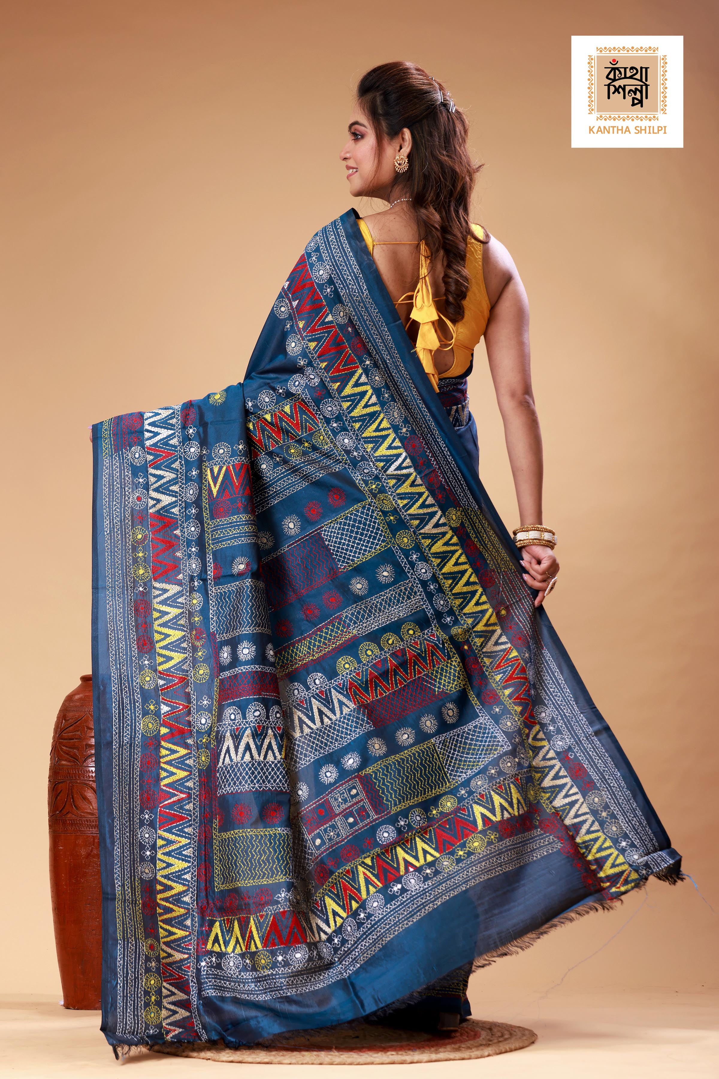 Indigo Color Bangalore Silk Multicolor Thread Work Lambani Stitch Saree