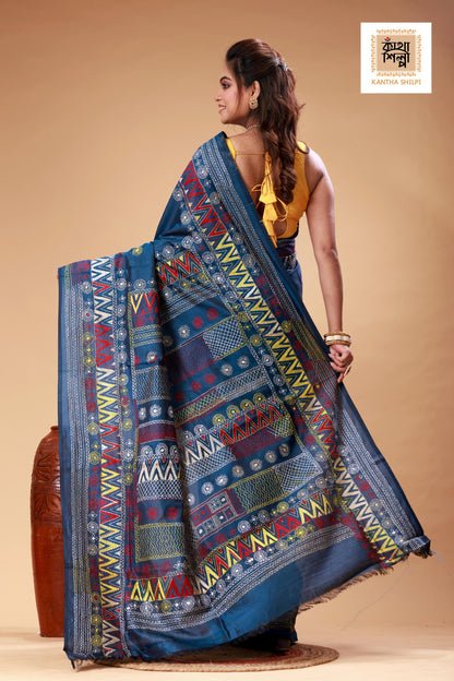 Indigo Color Bangalore Silk Multicolor Thread Work Lambani Stitch Saree