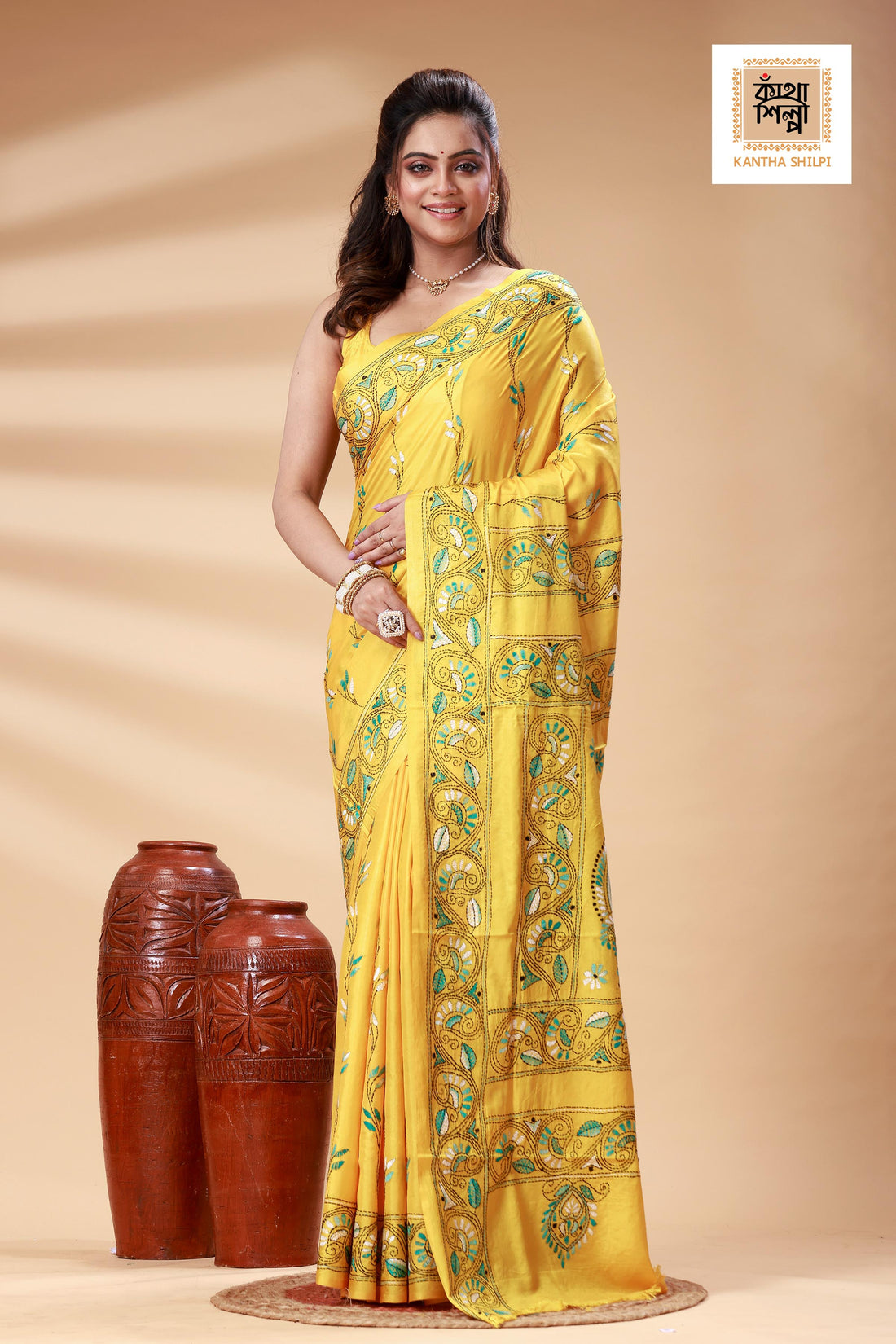 Yellow Color Bangalore Silk White-green color Thread Work Kantha Stitch Saree