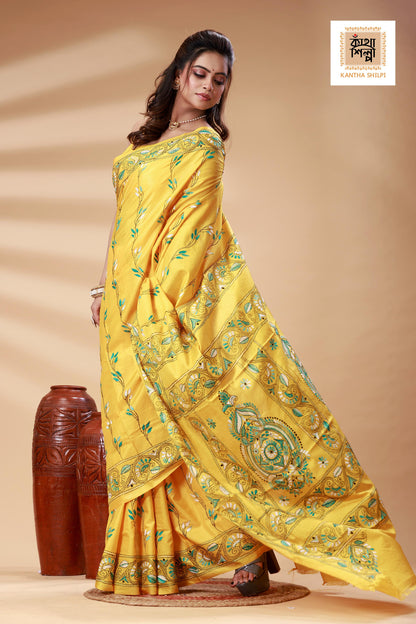 Yellow Color Bangalore Silk White-green color Thread Work Kantha Stitch Saree