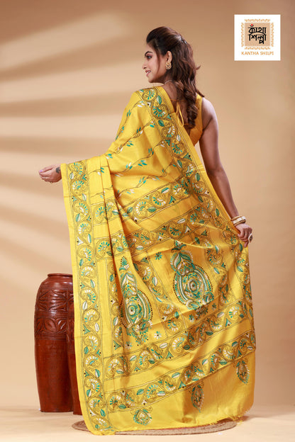 Yellow Color Bangalore Silk White-green color Thread Work Kantha Stitch Saree