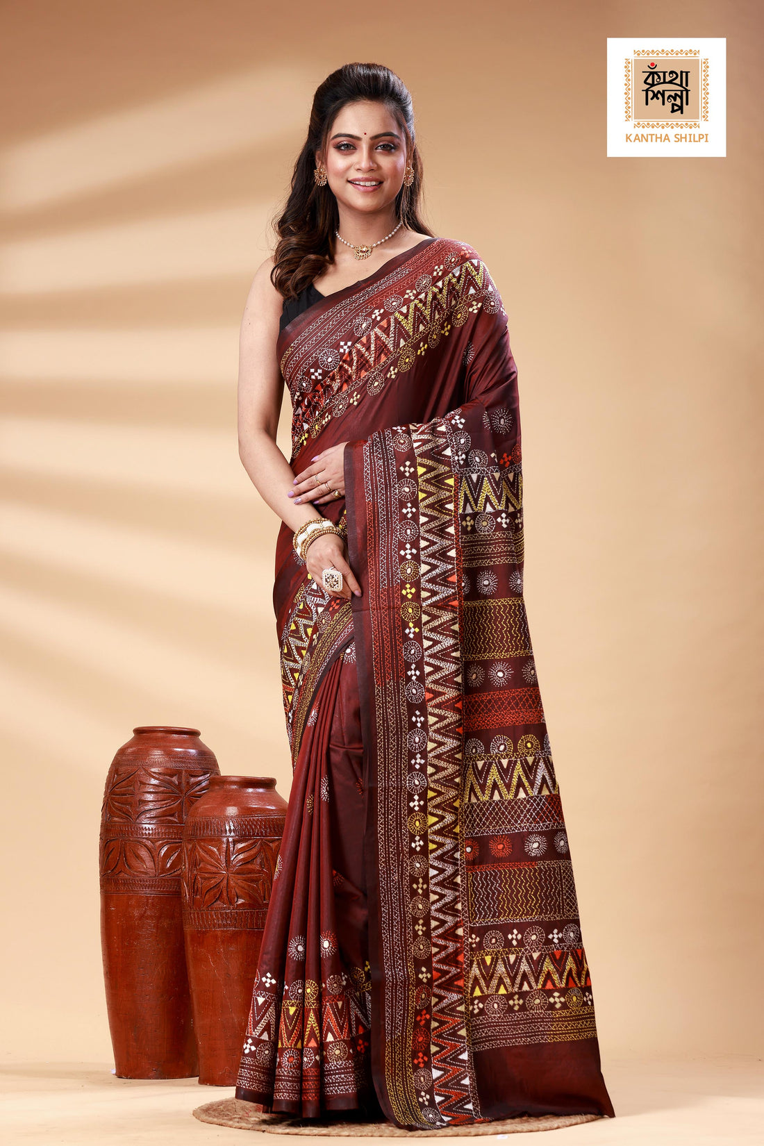Maroon Color Bangalore Silk Multicolor Thread Work Lambani Stitch Saree