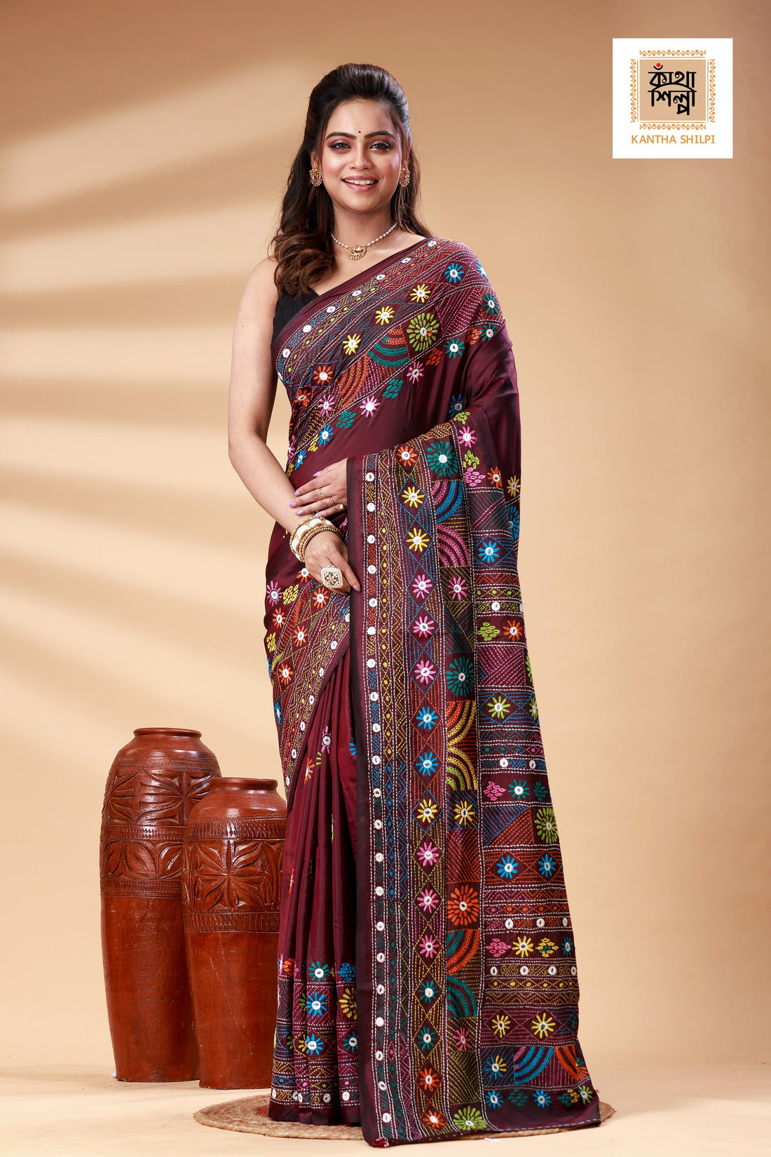 Maroon Color Bangalore Silk Multicolor Thread Work Lambani Stitch Saree