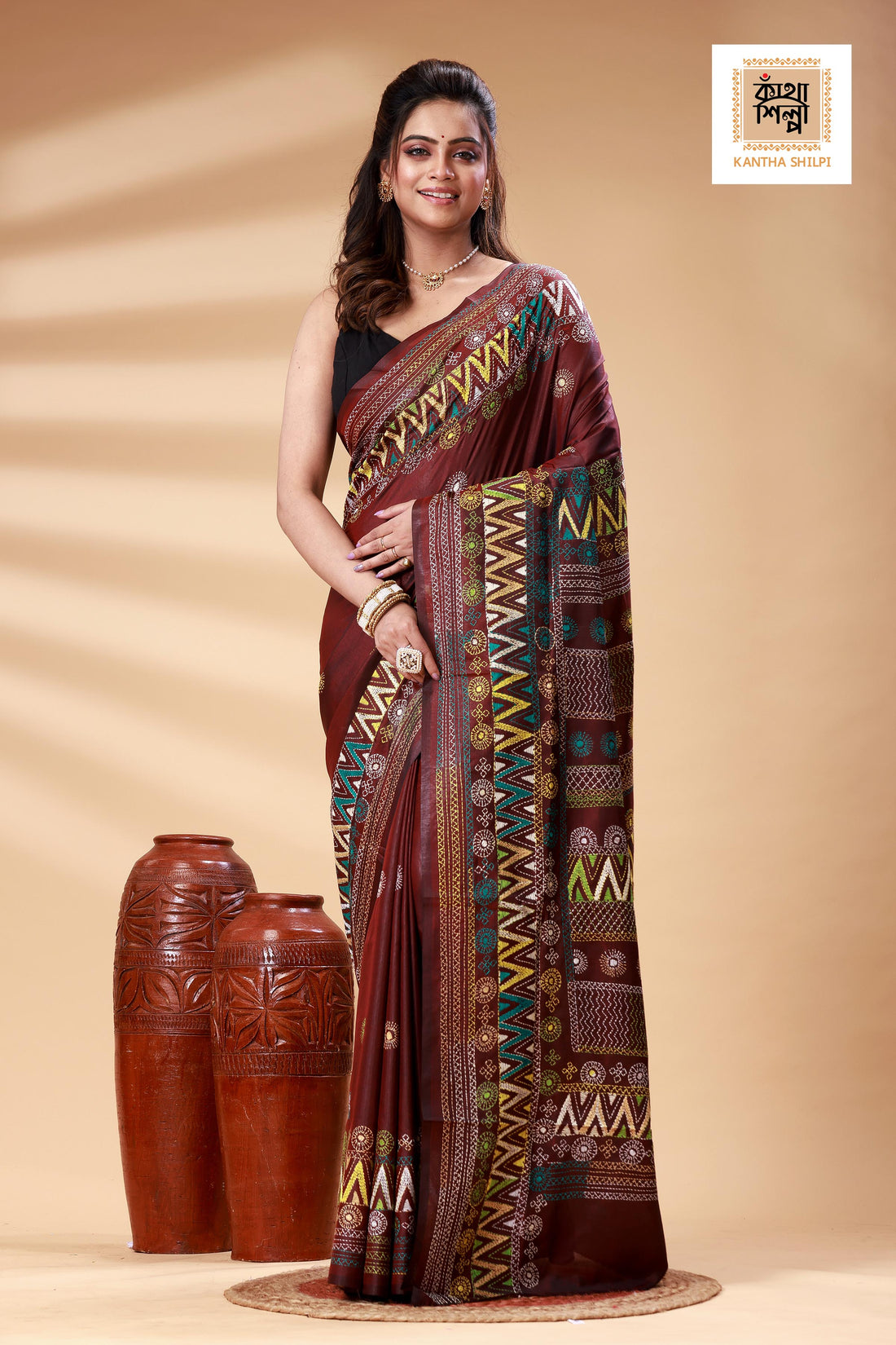 Maroon Color Bangalore Silk Multicolor Thread Work Lambani Stitch Saree