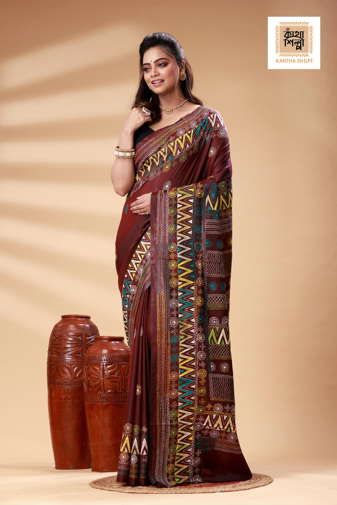 Maroon Color Bangalore Silk Multicolor Thread Work Lambani Stitch Saree