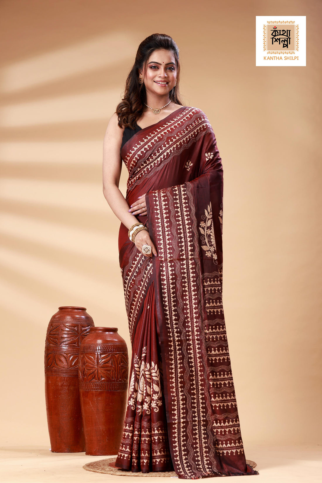 Maroon Color Bangalore Silk Beige color Thread Work Kantha Stitch Saree