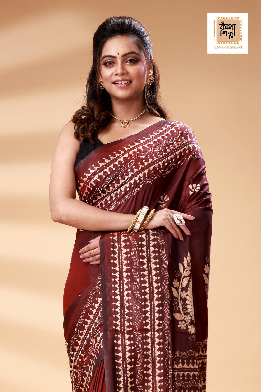 Maroon Color Bangalore Silk Beige color Thread Work Kantha Stitch Saree