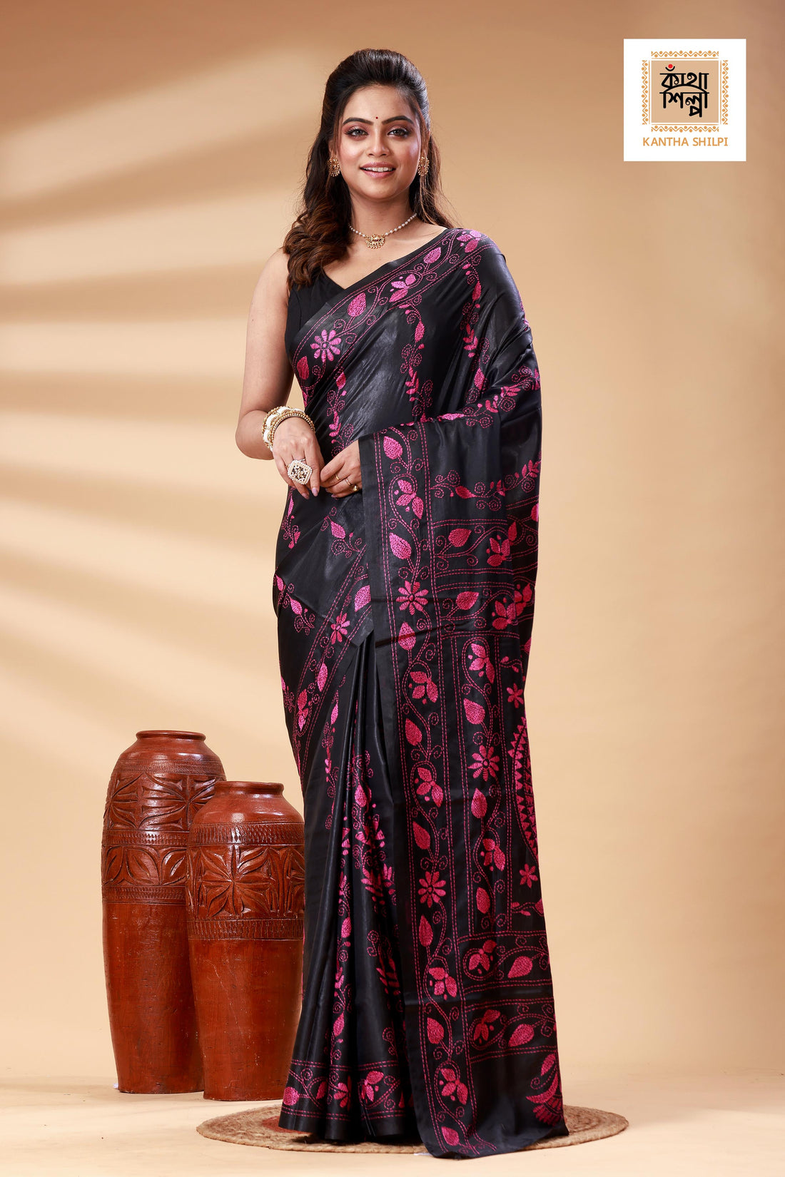 Black Color Bangalore Silk Rani color Thread Work Kantha Stitch Saree