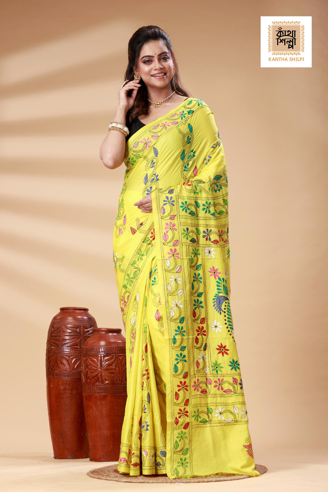Yellow Color Bangalore Silk Multicolor Thread Work Kantha Stitch Saree